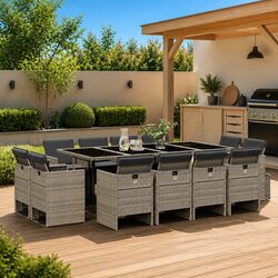 Garden Dining Set 13 Piece Outdoor Furniture Grey Poly Rattan with Cushions