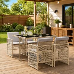 Garden Dining Set 5 Piece Outdoor Furniture Beige Poly Rattan Glass Table Chairs