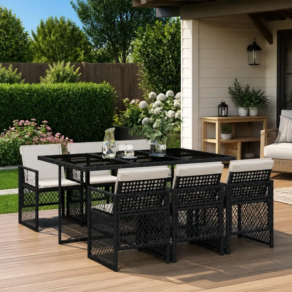Outdoor Dining Set 7 Piece Garden Furniture Black Poly Rattan Patio Table Chairs