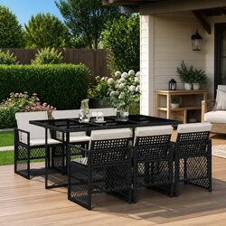 Outdoor Dining Set 7 Piece Garden Furniture Black Poly Rattan Patio Table Chairs