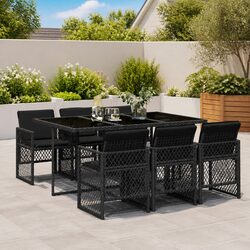 Outdoor Garden Dining Set 7 Piece Black Poly Rattan Table Chairs with Cushions