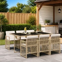 7 Piece Garden Dining Set Outdoor Furniture with Cushions Beige Poly Rattan