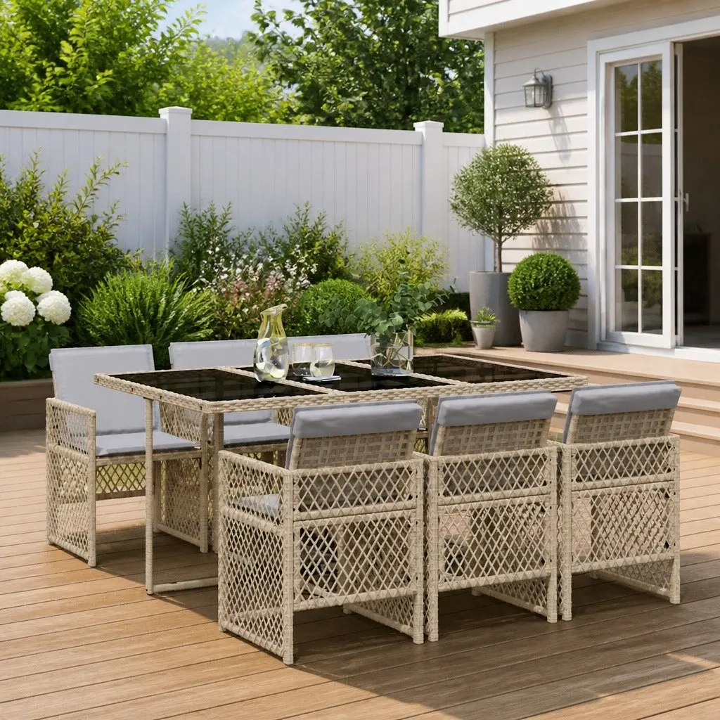 7 Piece Garden Dining Set Outdoor Patio Furniture PE Rattan Beige with Cushions