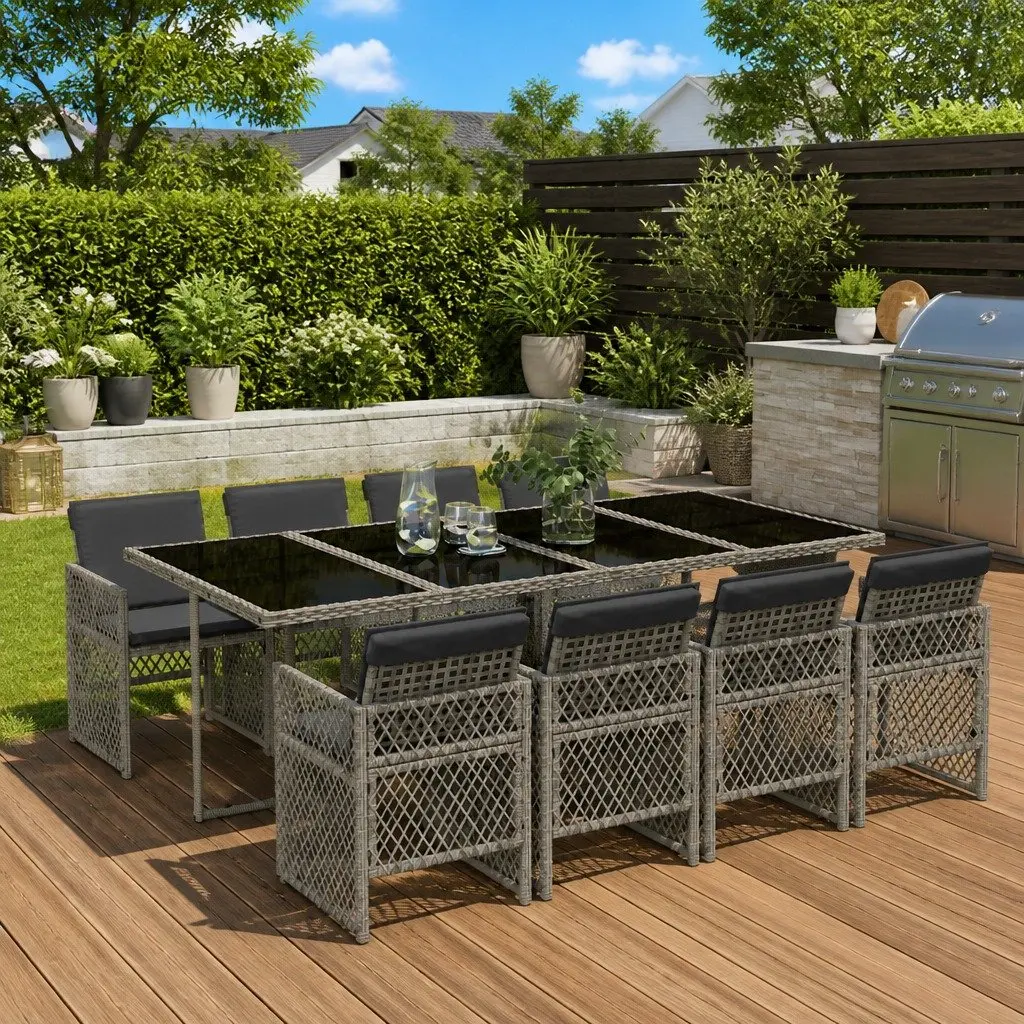 Outdoor Dining Set 9 Piece Garden Patio Furniture Grey Poly Rattan with Cushions