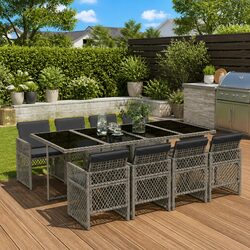 Outdoor Dining Set 9 Piece Garden Patio Furniture Grey Poly Rattan with Cushions