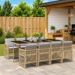 Garden Dining Set 9 Piece Outdoor Furniture Beige Rattan Cushions Patio Table