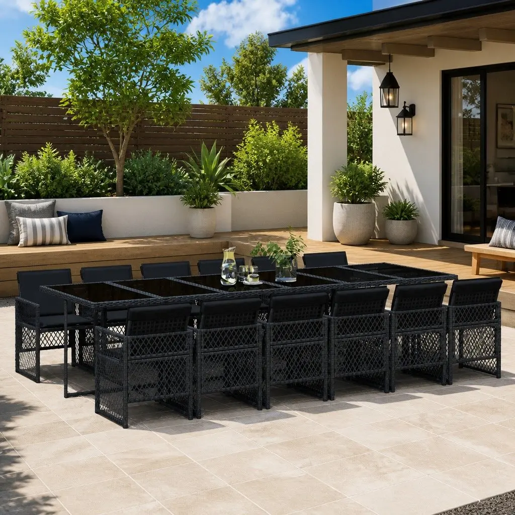 Outdoor Dining Set 13 Piece Black PE Rattan Table Chairs Cushions