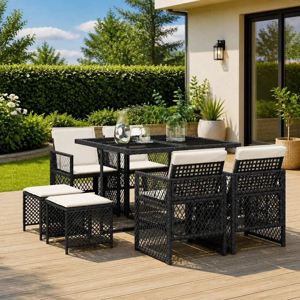Outdoor Dining Set 9 Piece Garden Furniture Black Poly Rattan Cushions Table