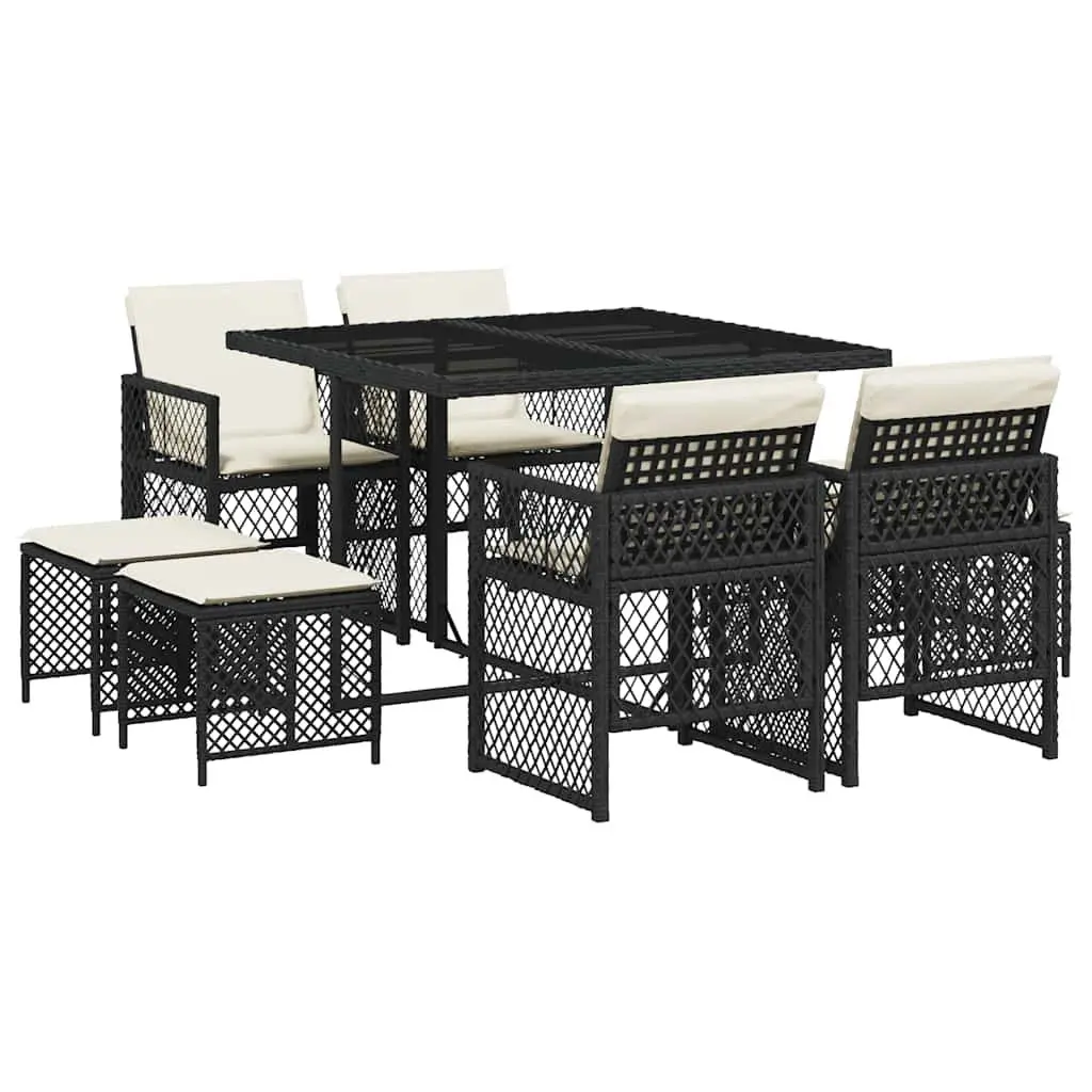 Outdoor Dining Set 9 Piece Garden Furniture Black Poly Rattan Cushions Table