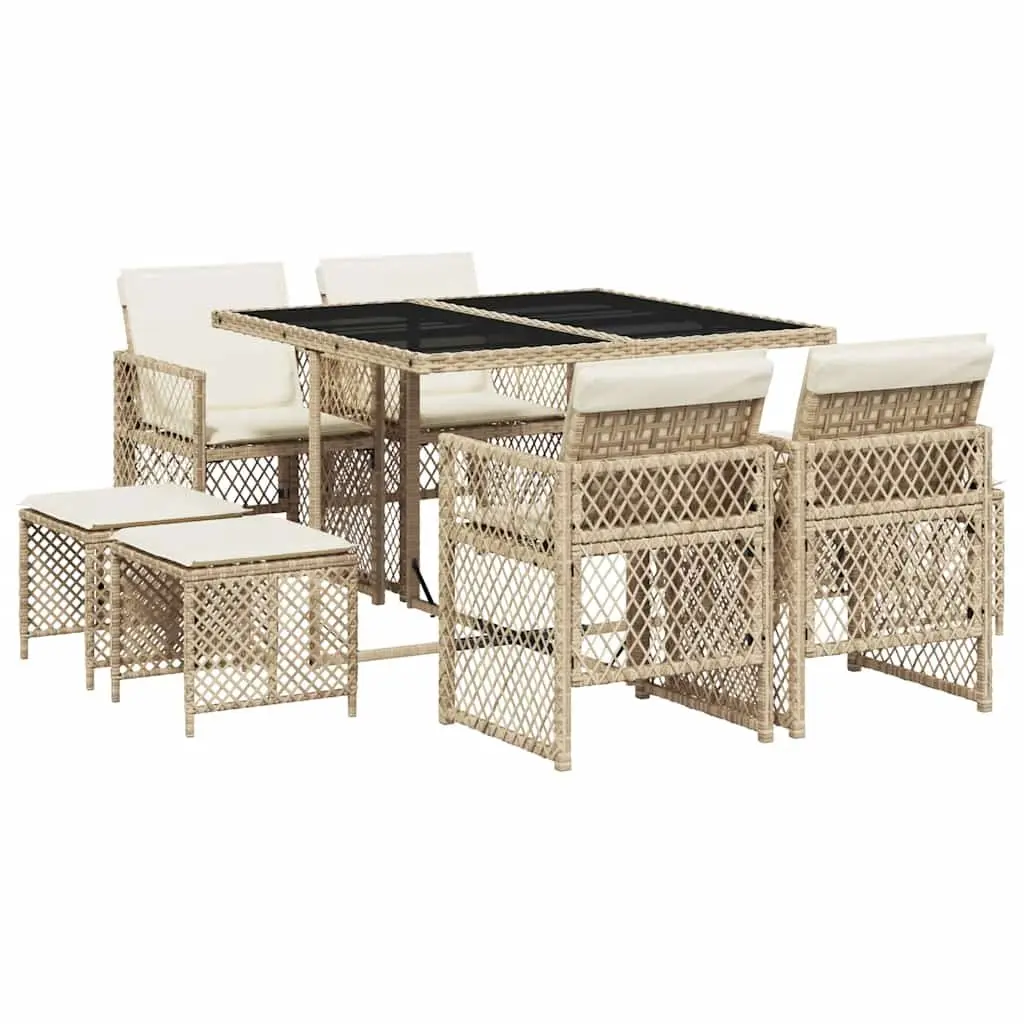 9 Piece Garden Dining Set Outdoor Patio Furniture with Cushions Beige Poly Rattan