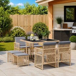 Garden Dining Set 9 Piece Outdoor Furniture Beige Poly Rattan Chairs Table Patio