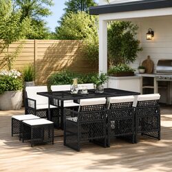 Garden Dining Set 11 Piece Outdoor Furniture with Cushions Black Poly Rattan