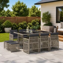 Garden Dining Set 11 Piece Outdoor Furniture Grey Poly Rattan with Cushions