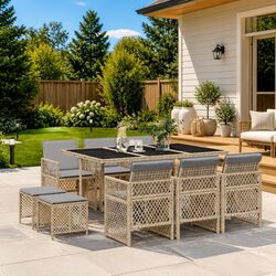 Garden Dining Set 11 Piece Outdoor Patio Furniture Beige Poly Rattan with