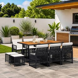 11 Piece Outdoor Garden Dining Set Poly Rattan Chairs Table Cushions Black