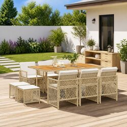 Garden Dining Set 11 Piece Outdoor Furniture Patio Table Chairs Cushions Beige