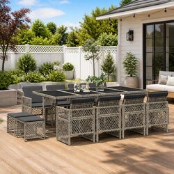 Garden Dining Set 13 Piece Outdoor Furniture Grey Poly Rattan Chairs Table