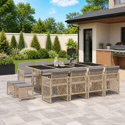 Garden Dining Set 13 Piece Outdoor Furniture Table Chairs Cushions Beige Rattan