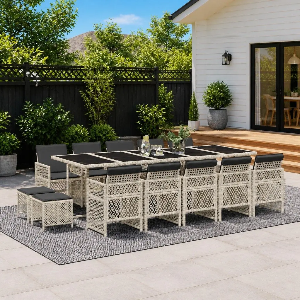 Garden Dining Set 15 Piece Outdoor Furniture Grey PE Rattan Chairs Table