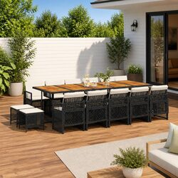 Outdoor Garden Dining Set 15 Piece Black Poly Rattan Table Chairs Cushions Patio