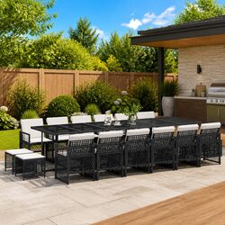 Garden Dining Set 17 Piece Black Poly Rattan Outdoor Furniture with Cushions