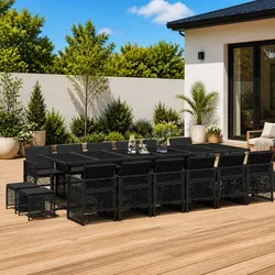 Outdoor Garden Dining Set 17 Piece Black Poly Rattan Patio Furniture with