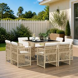 Garden Dining Set 9 Piece Outdoor Furniture Beige Poly Rattan Chairs Table