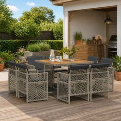9 Piece Garden Dining Set Grey Poly Rattan Outdoor Furniture Patio Chairs Table