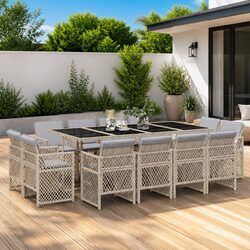 Outdoor Garden Dining Set 13 Piece Beige Poly Rattan Furniture with Cushions