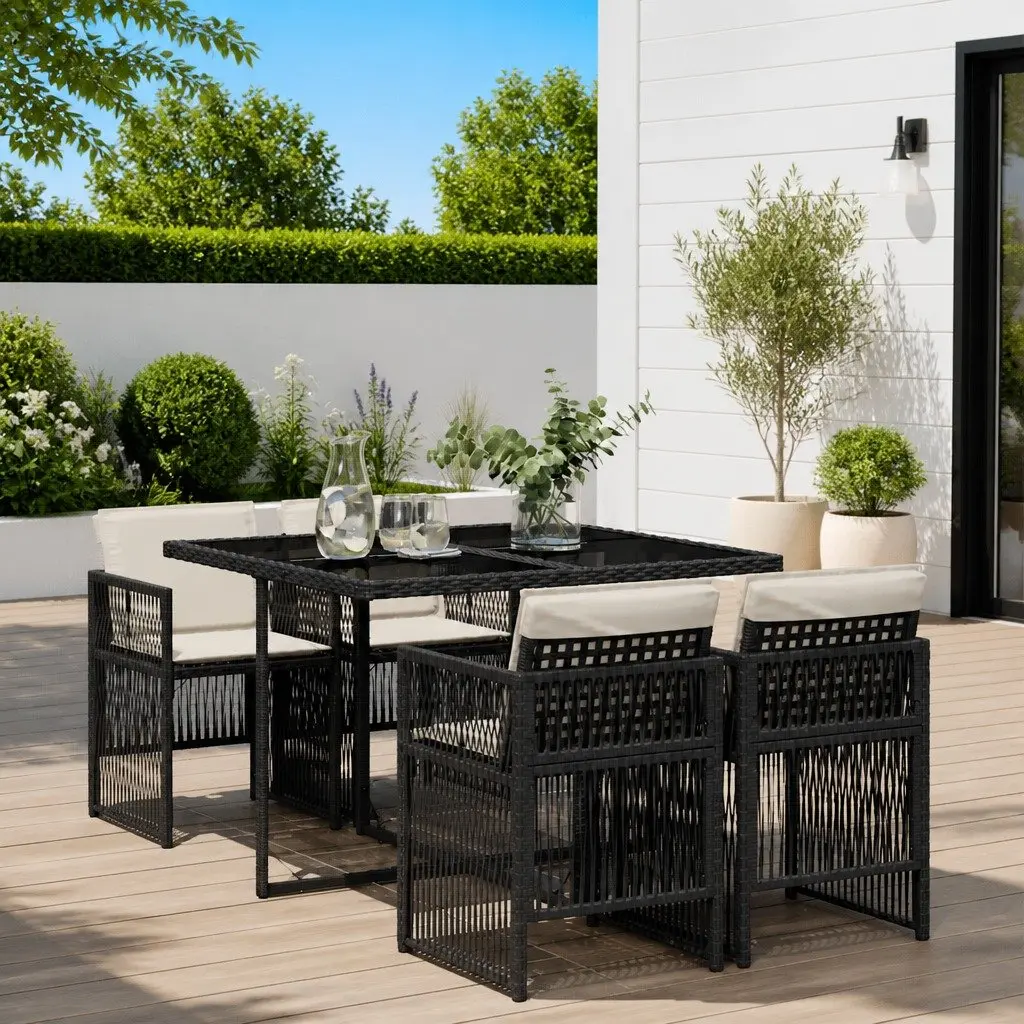 5 Piece Garden Dining Set Outdoor Patio Table Chairs Cushions Black Poly Rattan