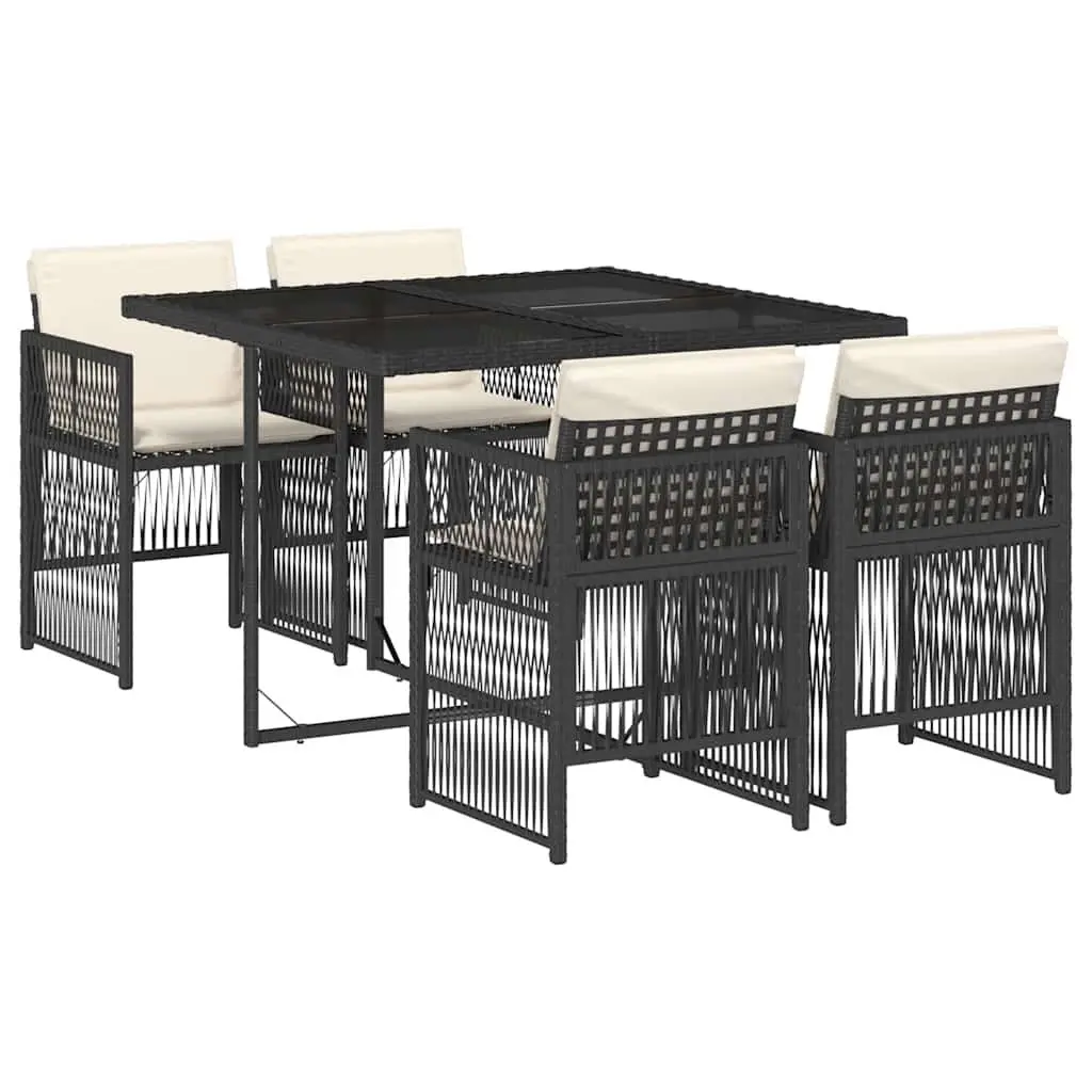 5 Piece Garden Dining Set Outdoor Patio Table Chairs Cushions Black Poly Rattan