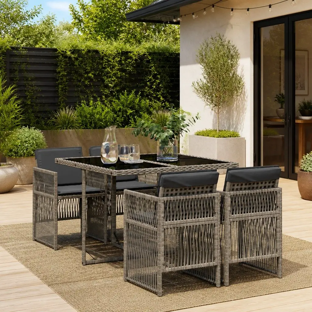 5 Piece Outdoor Dining Set Grey Poly Rattan Garden Patio Furniture with Cushions