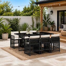 7 Piece Outdoor Dining Set Black Poly Rattan Chairs Table Patio Furniture