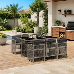7 Piece Outdoor Dining Set Grey Poly Rattan Garden Patio Furniture with Cushions