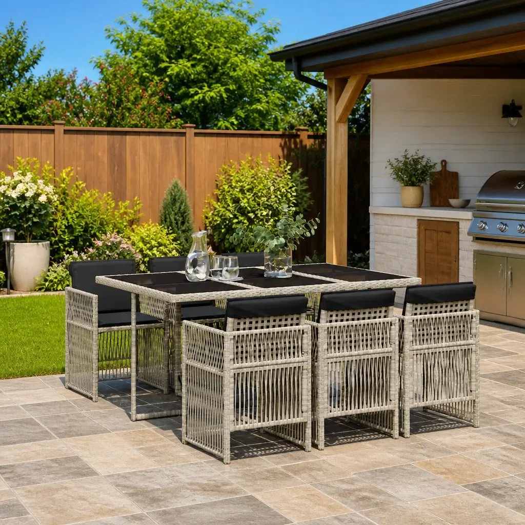 7 Piece Garden Dining Set Grey Poly Rattan Outdoor Furniture with Cushions