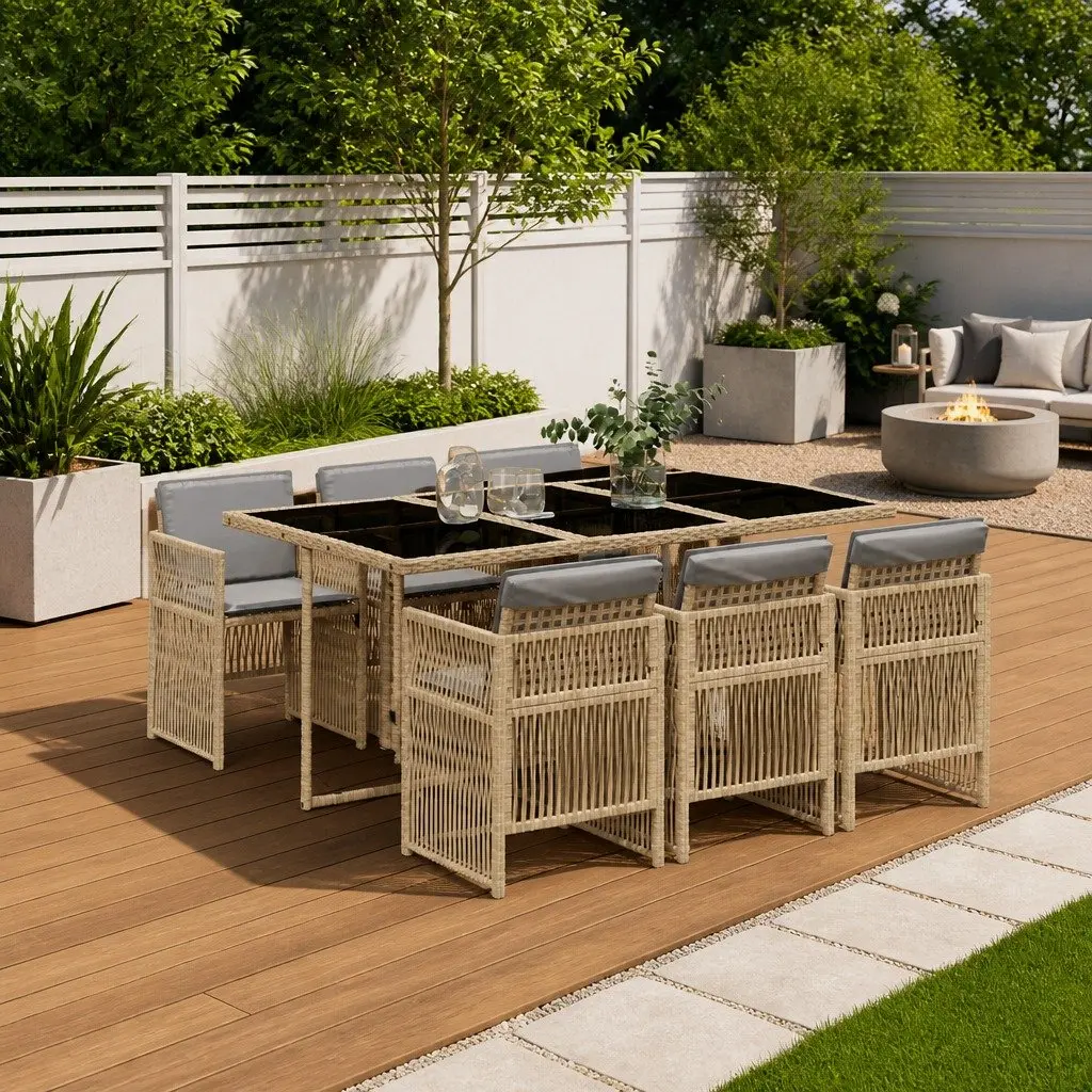 7 Piece Outdoor Garden Dining Set Beige Poly Rattan Chairs Table Patio Furniture