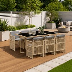 7 Piece Outdoor Garden Dining Set Beige Poly Rattan Chairs Table Patio Furniture