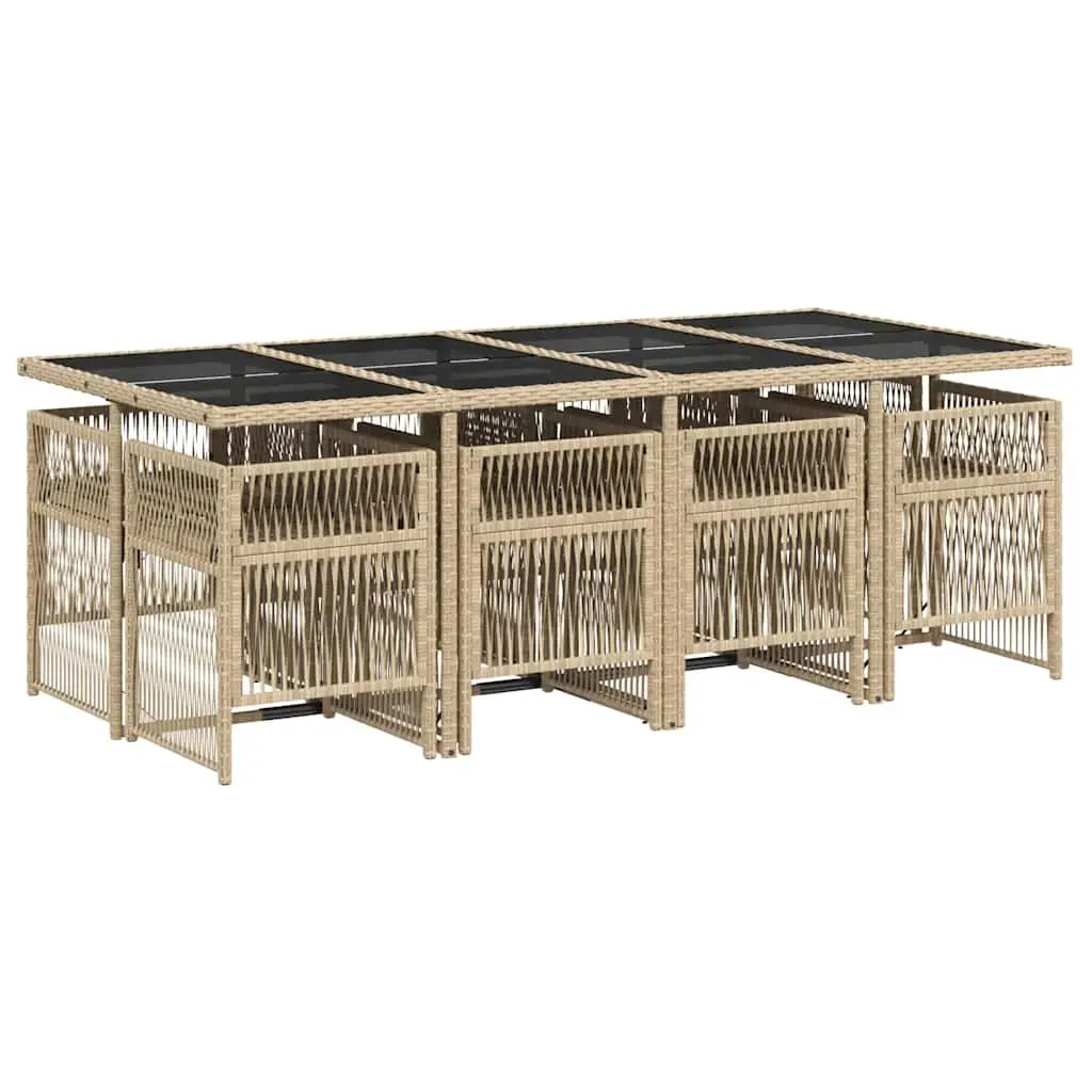 Garden Dining Set 9 Piece Outdoor Furniture Patio Table with Tempered Glass Top and Cushions Beige