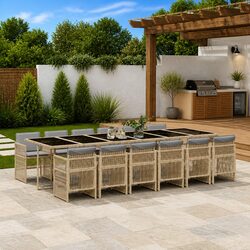 Garden Dining Set 13 Piece Outdoor Furniture Beige Poly Rattan Cushioned Chairs