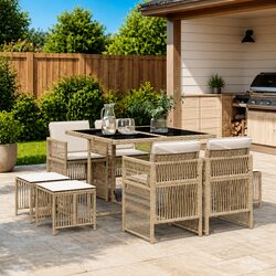 9 Piece Garden Dining Set Outdoor Patio Furniture with Cushions Beige Poly