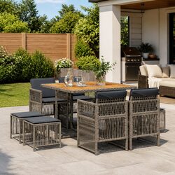 9 Piece Garden Dining Set Grey PE Rattan Chairs Table Cushions Outdoor Patio