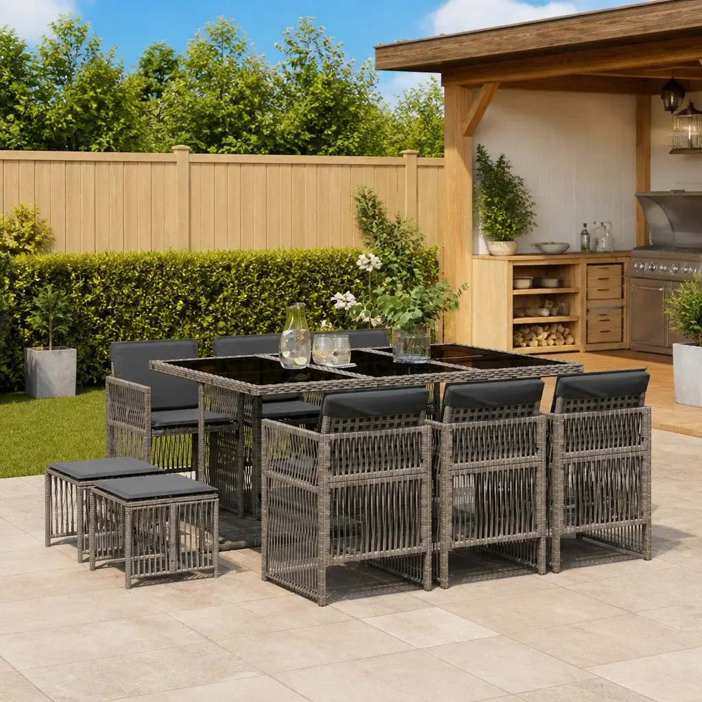 Garden Dining Set 11 Piece Grey PE Rattan with Cushions Outdoor Furniture