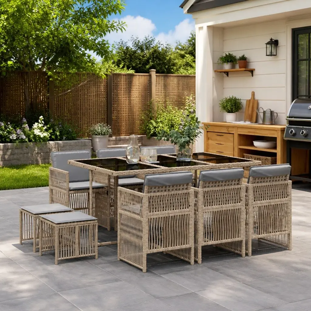 Outdoor Garden Dining Set 11 Piece PE Rattan Patio Furniture with Cushions Beige