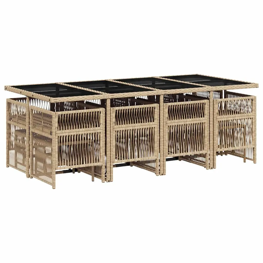 Garden Dining Set 13 Piece Outdoor Furniture Durable PE Rattan Beige with Foldable Backrest and Tempered Glass Tabletop