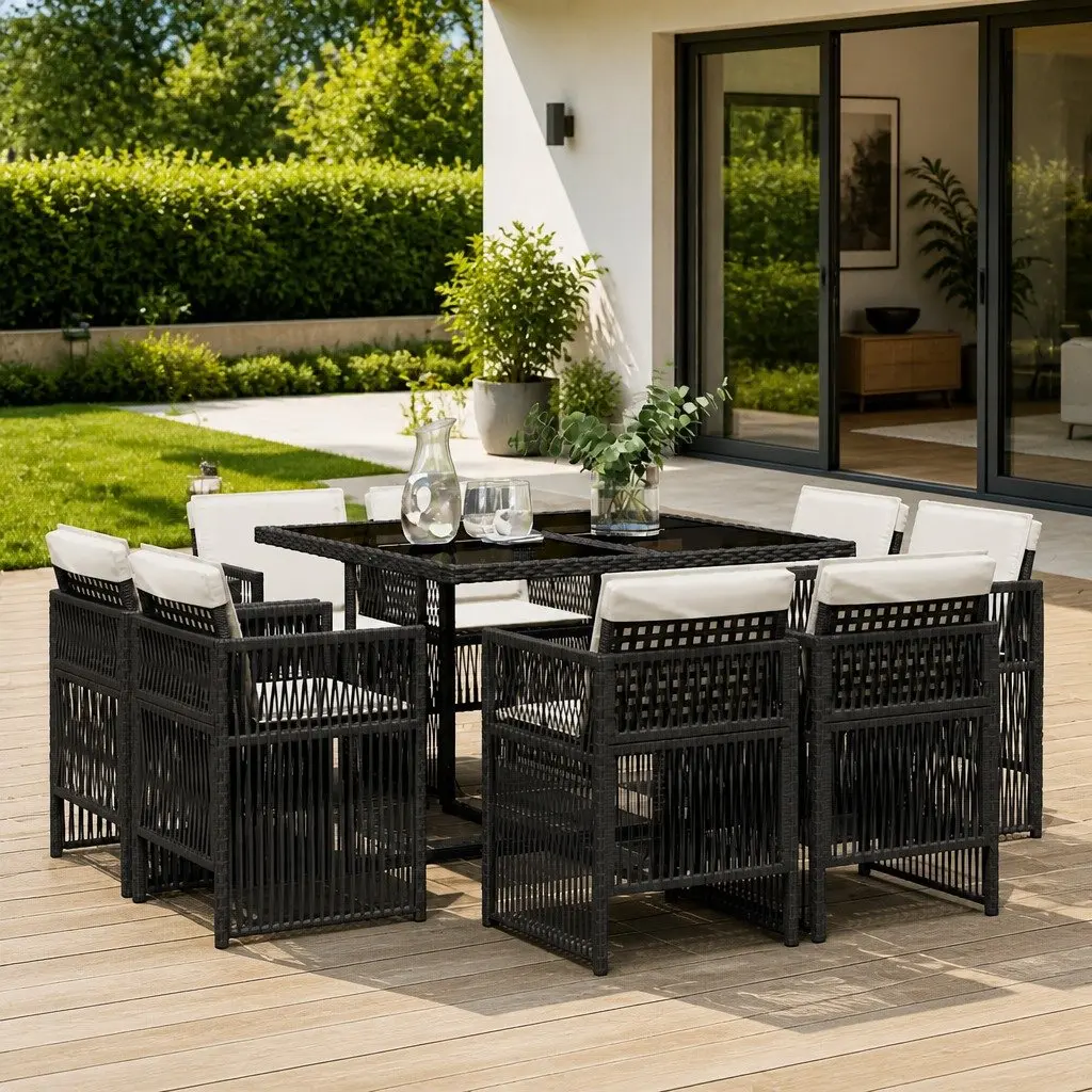 9 Piece Outdoor Garden Dining Set Black PE Rattan Chairs Table with Cushions