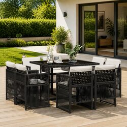 9 Piece Outdoor Garden Dining Set Black Poly Rattan Chairs Table Cushions