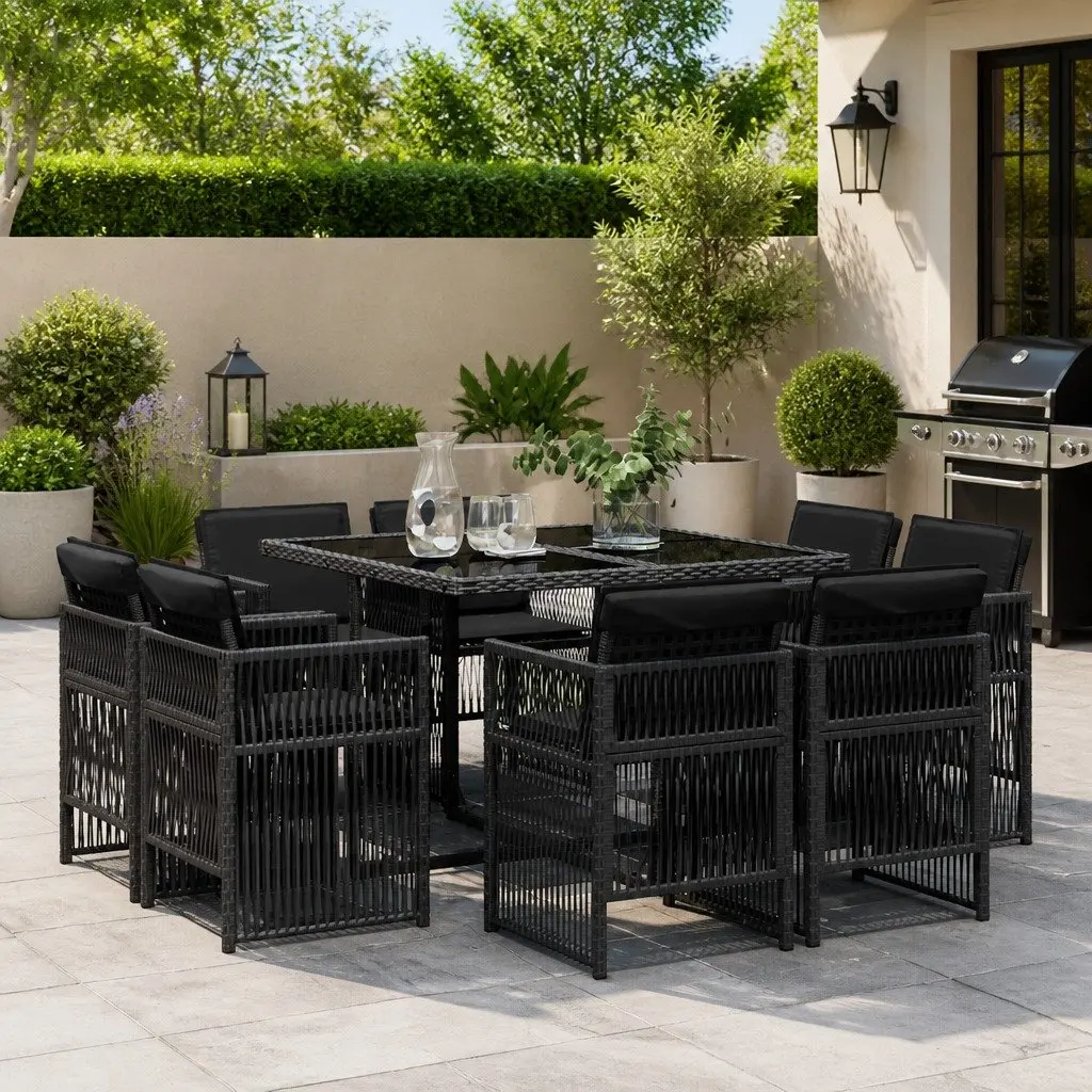 9 Piece Outdoor Dining Set Durable PE Rattan Black Garden Patio Furniture with Tempered Glass Table and Thickly Padded Cushions