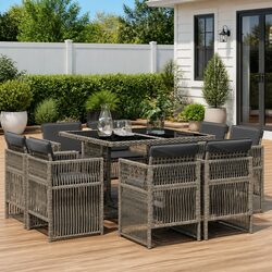 Garden Dining Set 9 Piece Outdoor Furniture Grey Poly Rattan Cushions Patio