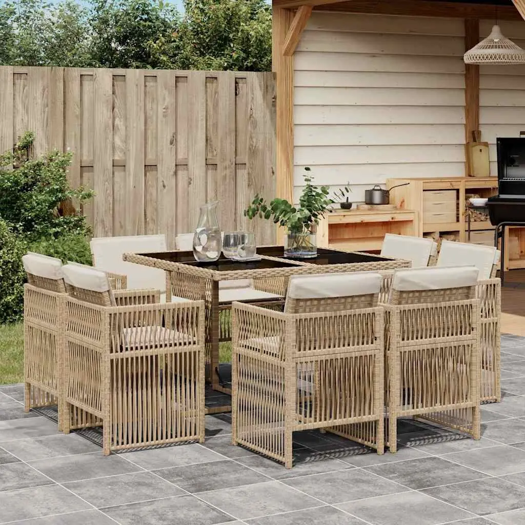 9 Piece Garden Dining Set Outdoor Patio Furniture PE Rattan Beige with Cushions