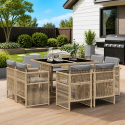 9 Piece Outdoor Dining Set Poly Rattan Patio Furniture with Cushions Beige